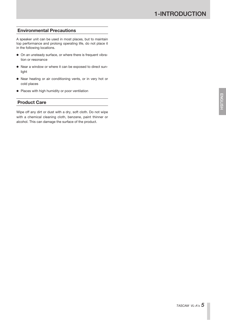 Environmental precautions, Product care, Introduction | Tascam VL-A8/LF-S8 User Manual | Page 5 / 56