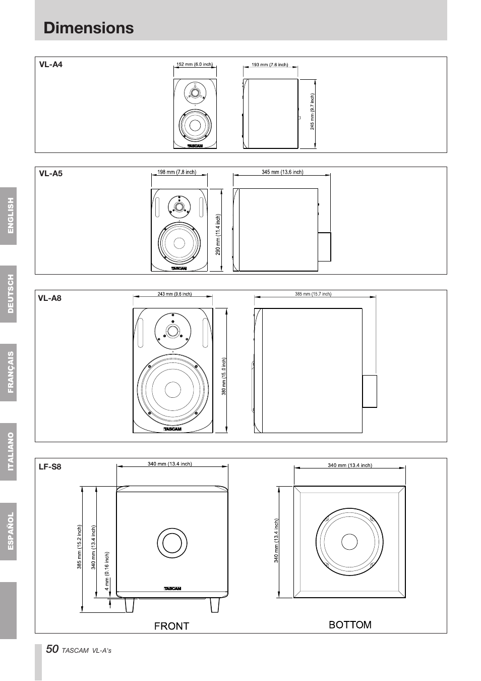 Dimensions | Tascam VL-A8/LF-S8 User Manual | Page 50 / 56