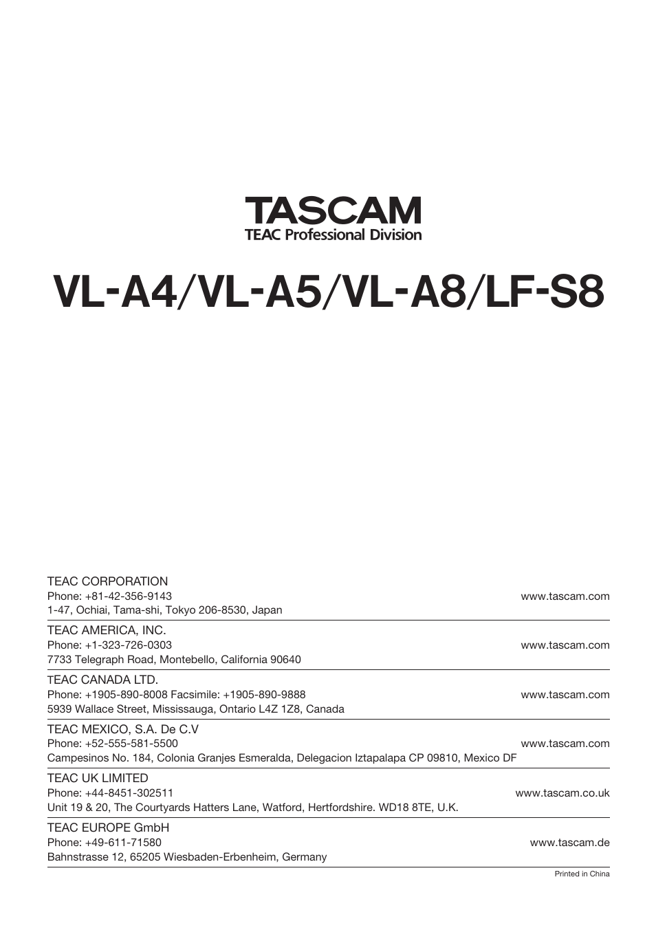 Vl-a4/vl-a5/vl-a8/lf-s8 | Tascam VL-A8/LF-S8 User Manual | Page 56 / 56