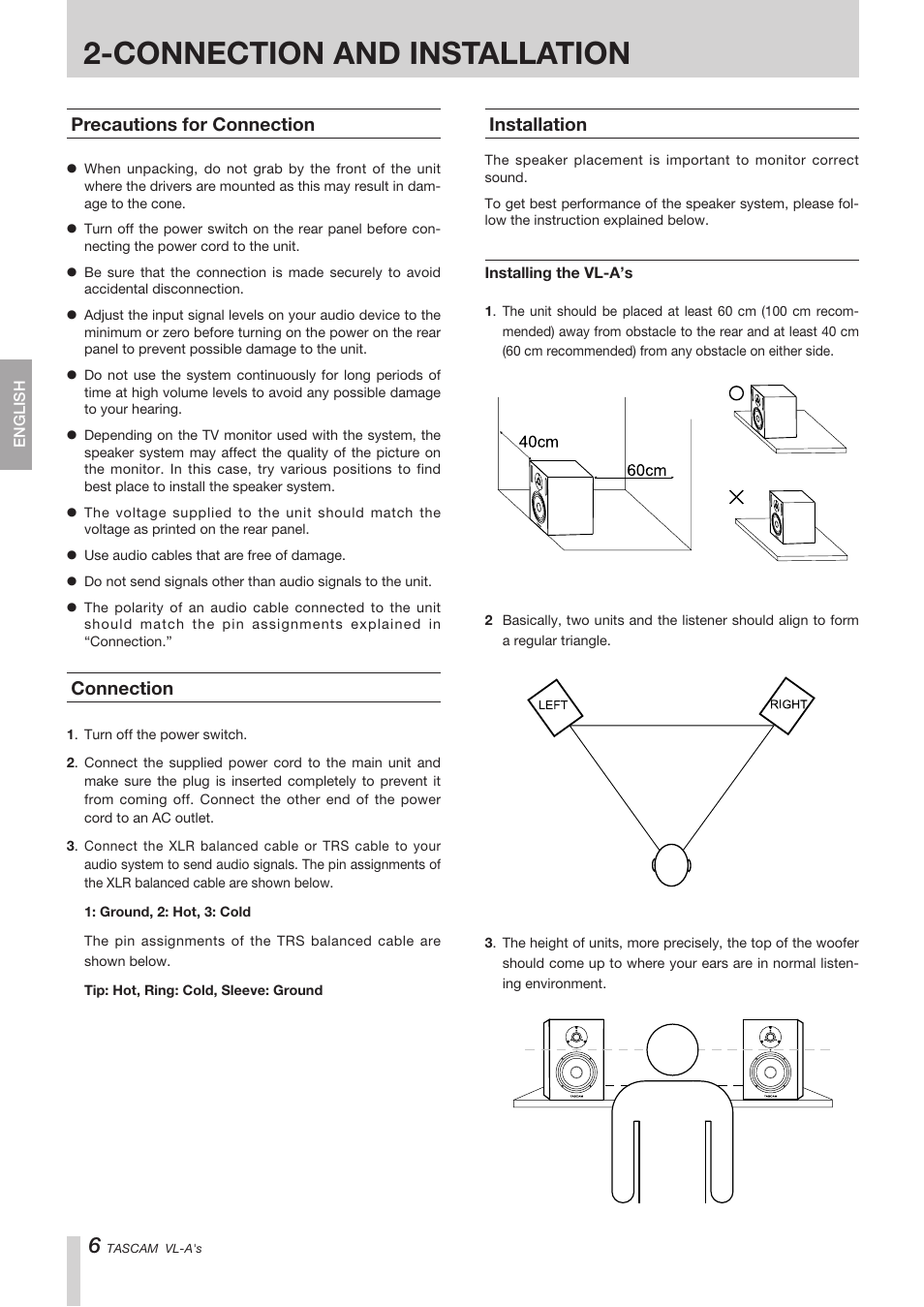Connection and installation, Precautions for connection, Connection | Installation | Tascam VL-A8/LF-S8 User Manual | Page 6 / 56