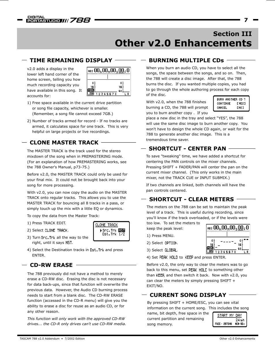 Other v2.0 enhancements, Time remaining display, Cd-rw erase | Shortcut - center pan, Burning multiple cds, Clone master track, Shortcut - clear meters, Current song display | Tascam PORTASTUDIO 788 User Manual | Page 7 / 8