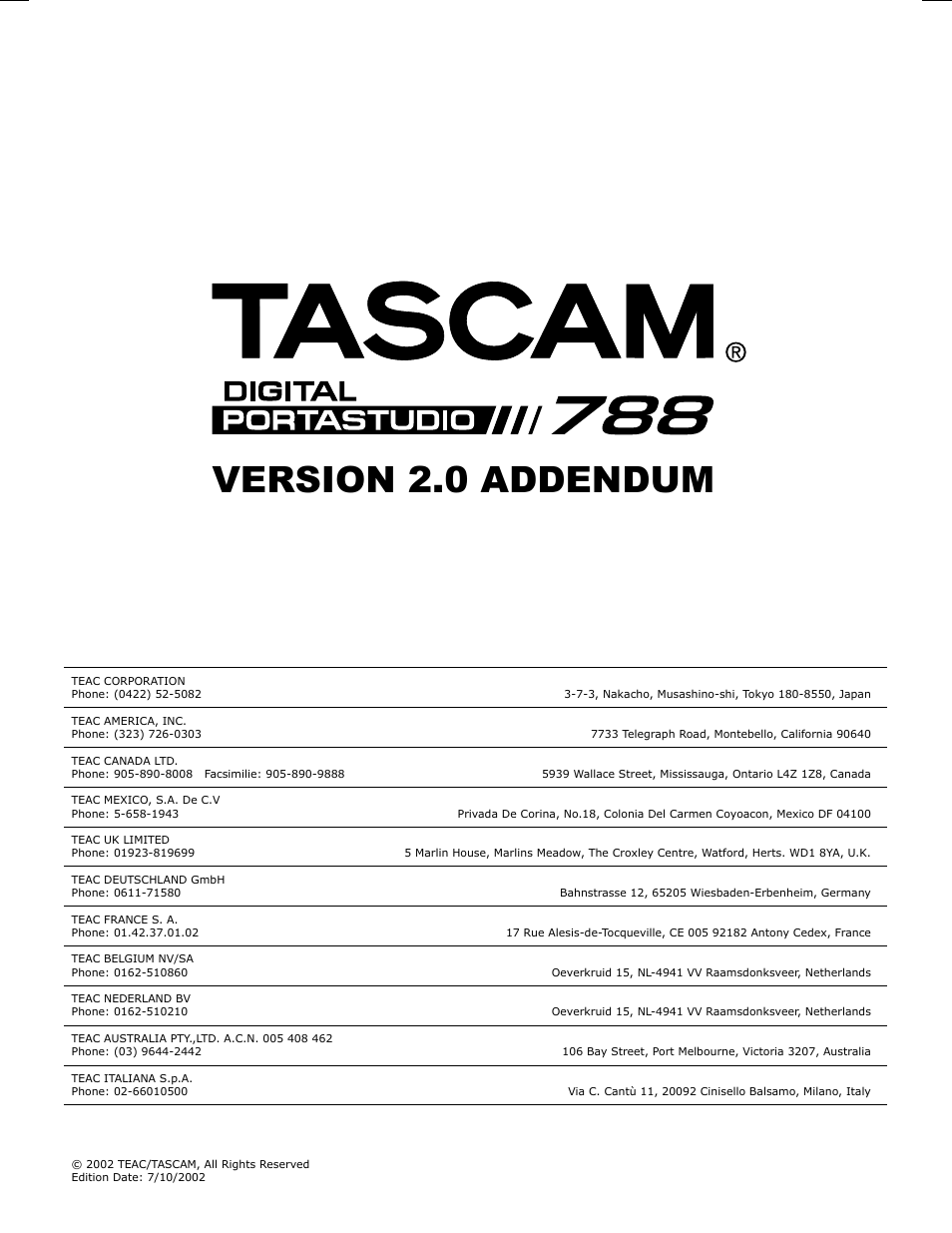 Version 2.0 addendum | Tascam PORTASTUDIO 788 User Manual | Page 8 / 8