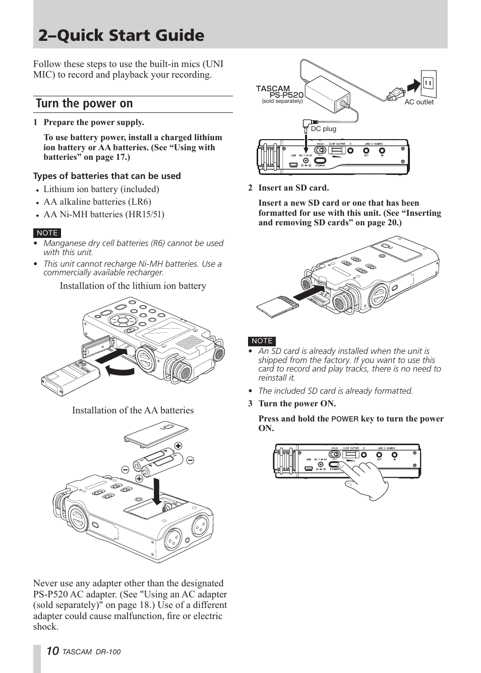 Quick start guide, Turn the power on, 2–quick start guide | Tascam DR-100 User Manual | Page 10 / 52