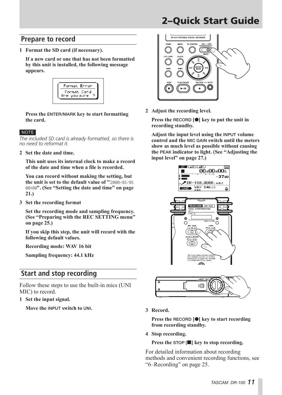 Prepare to record, Start and stop recording, 2–quick start guide | Tascam DR-100 User Manual | Page 11 / 52