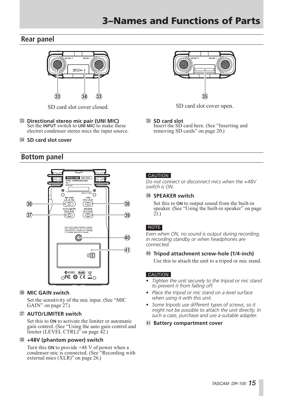 Rear panel, Bottom panel, 3–names and functions of parts | Tascam DR-100 User Manual | Page 15 / 52