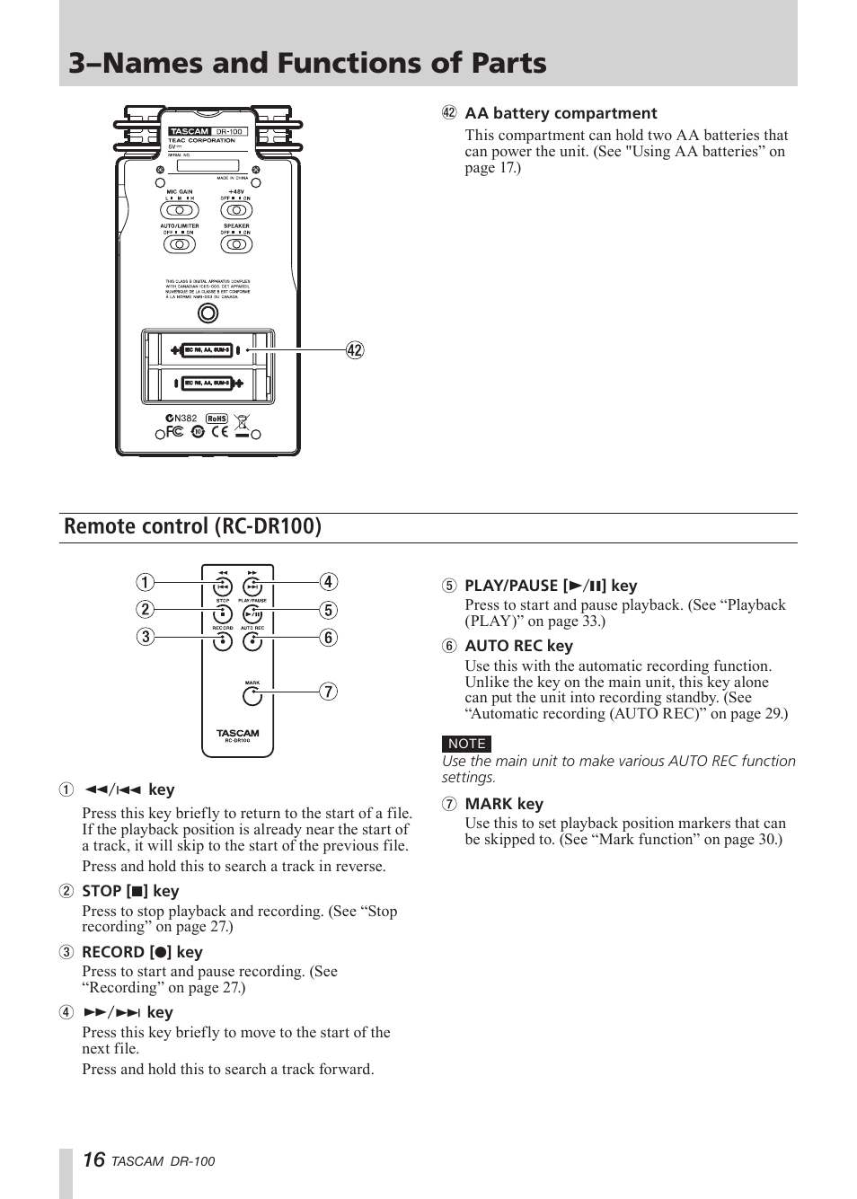 Remote control (rc-dr100), 3–names and functions of parts | Tascam DR-100 User Manual | Page 16 / 52