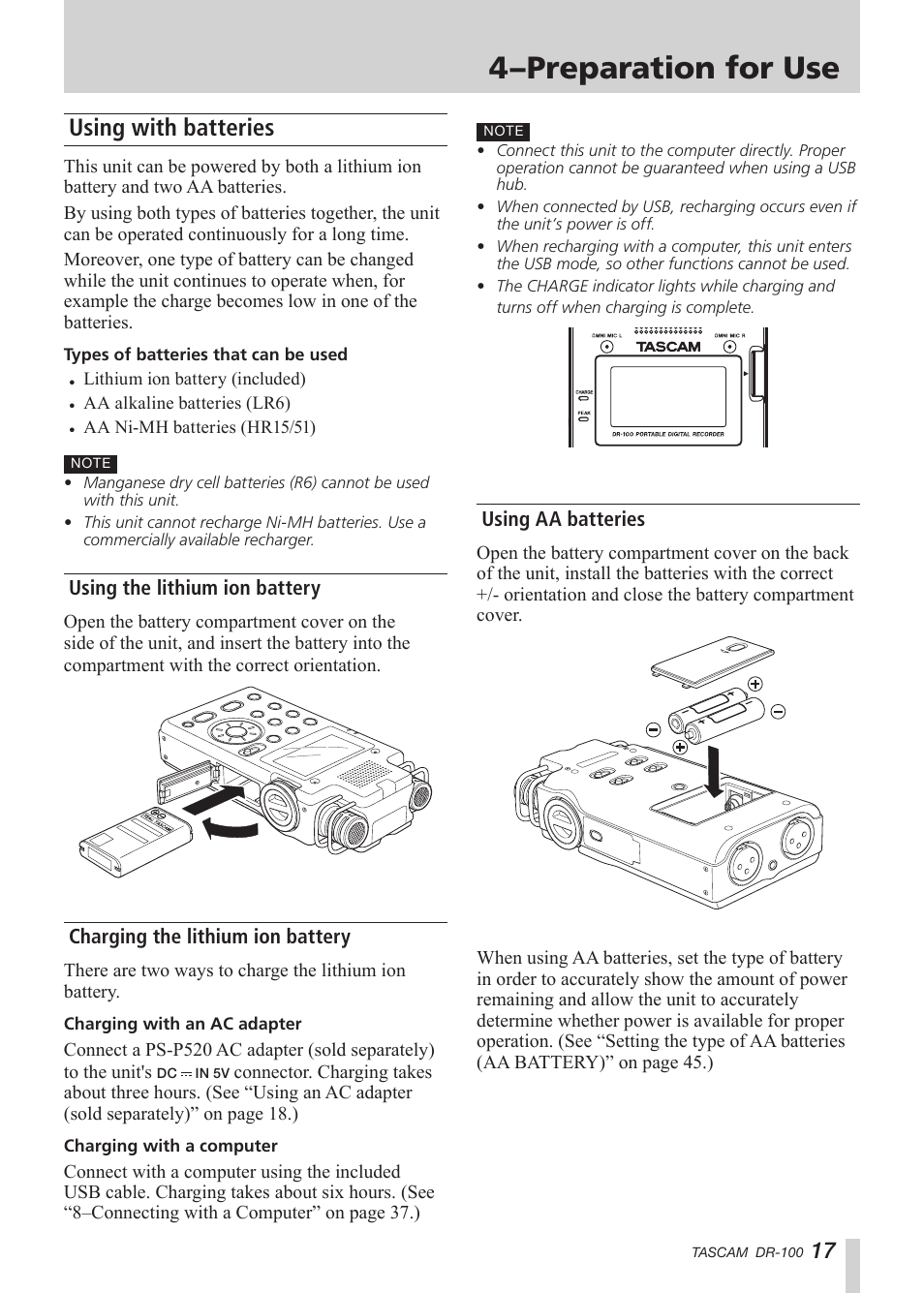 Preparation for use, Using with batteries, Using the lithium ion battery | Charging the lithium ion battery, Using aa batteries, 4–preparation for use, See “using with, See “charging the lithium ion, See “using the lithium ion battery” on | Tascam DR-100 User Manual | Page 17 / 52