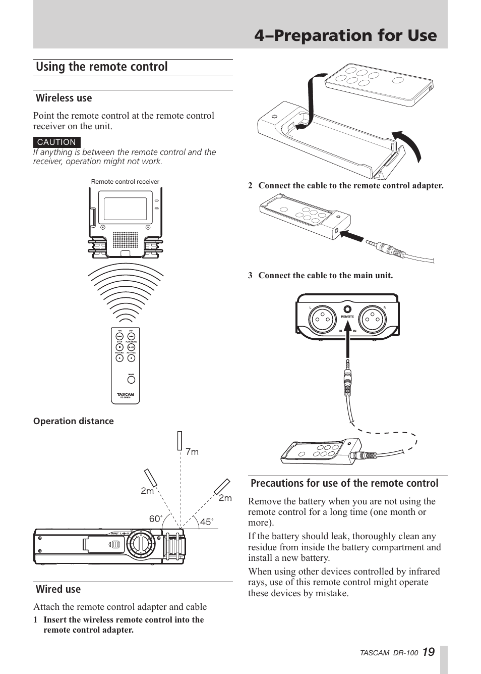 Using the remote control, Wireless use, Wired use | Precautions for use of the remote control, 4–preparation for use | Tascam DR-100 User Manual | Page 19 / 52