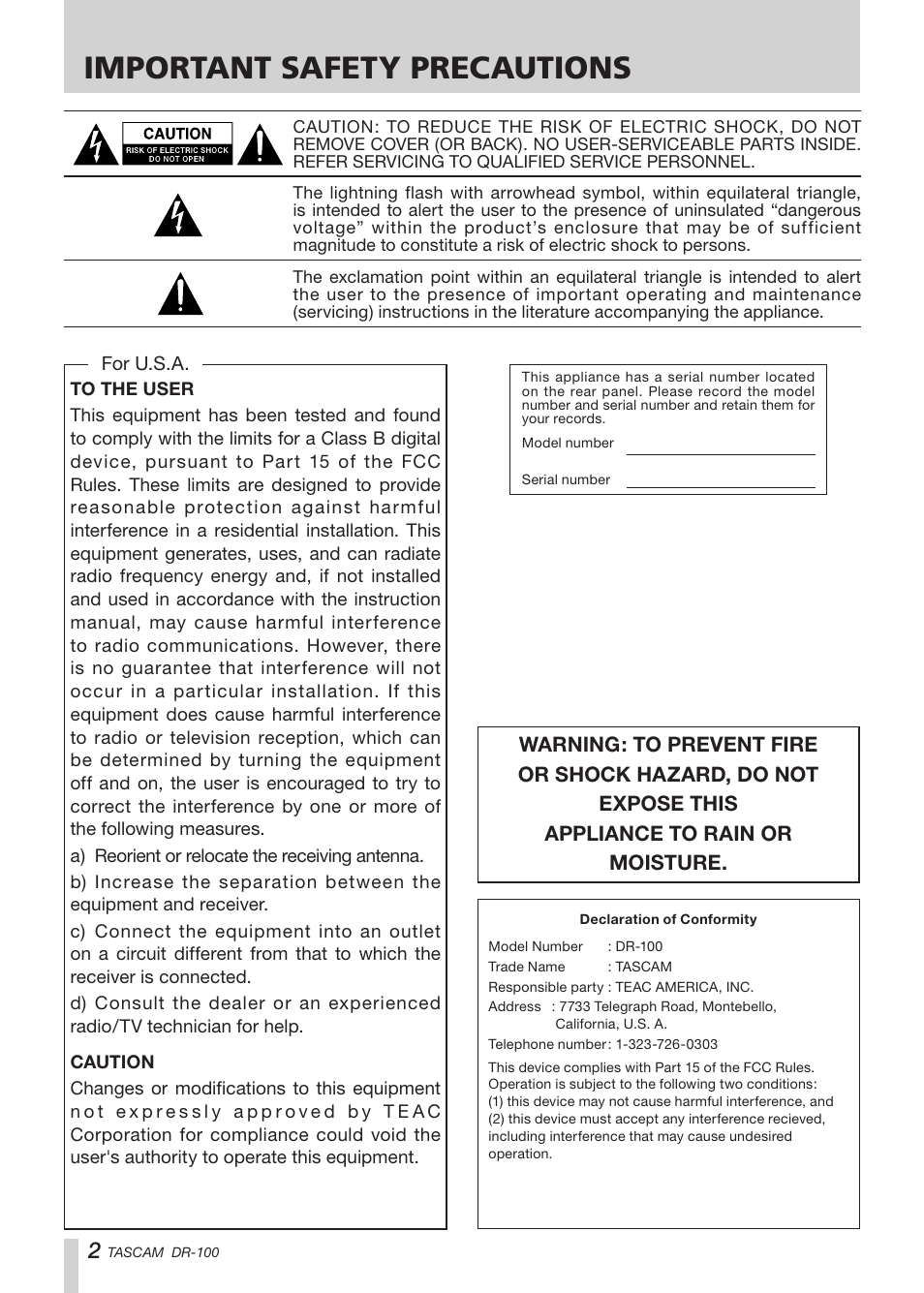 Important safety precautions | Tascam DR-100 User Manual | Page 2 / 52