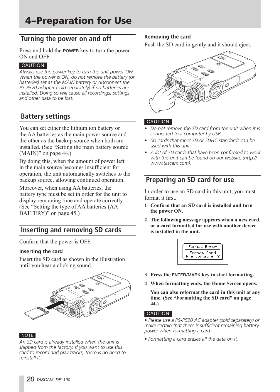 Turning the power on and off, Battery settings, Inserting and removing sd cards | Preparing an sd card for use, Use with this unit. (see “inserting, See “inserting and, 4–preparation for use | Tascam DR-100 User Manual | Page 20 / 52