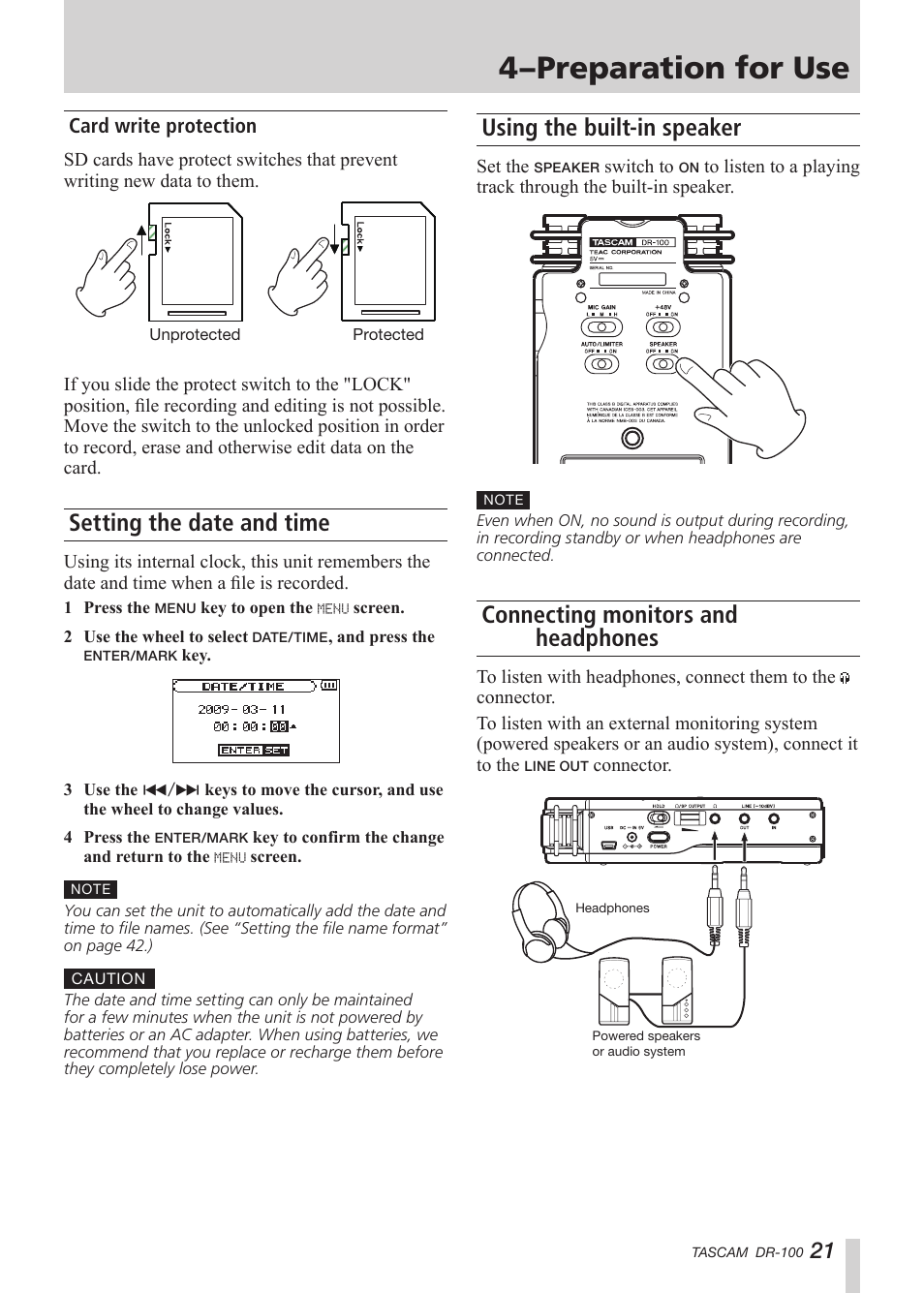 Card write protection, Setting the date and time, Using the built-in speaker | Connecting monitors and headphones, See “using the built-in speaker, See “connecting, See “con, 4–preparation for use | Tascam DR-100 User Manual | Page 21 / 52