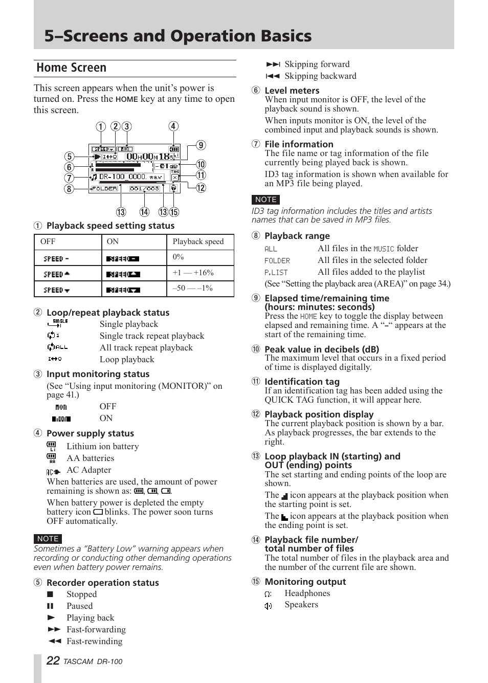 Screens and operation basics, Home screen, 5–screens and operation basics | See “5–screens | Tascam DR-100 User Manual | Page 22 / 52