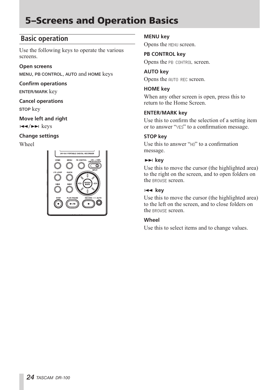 Basic operation, 5–screens and operation basics | Tascam DR-100 User Manual | Page 24 / 52