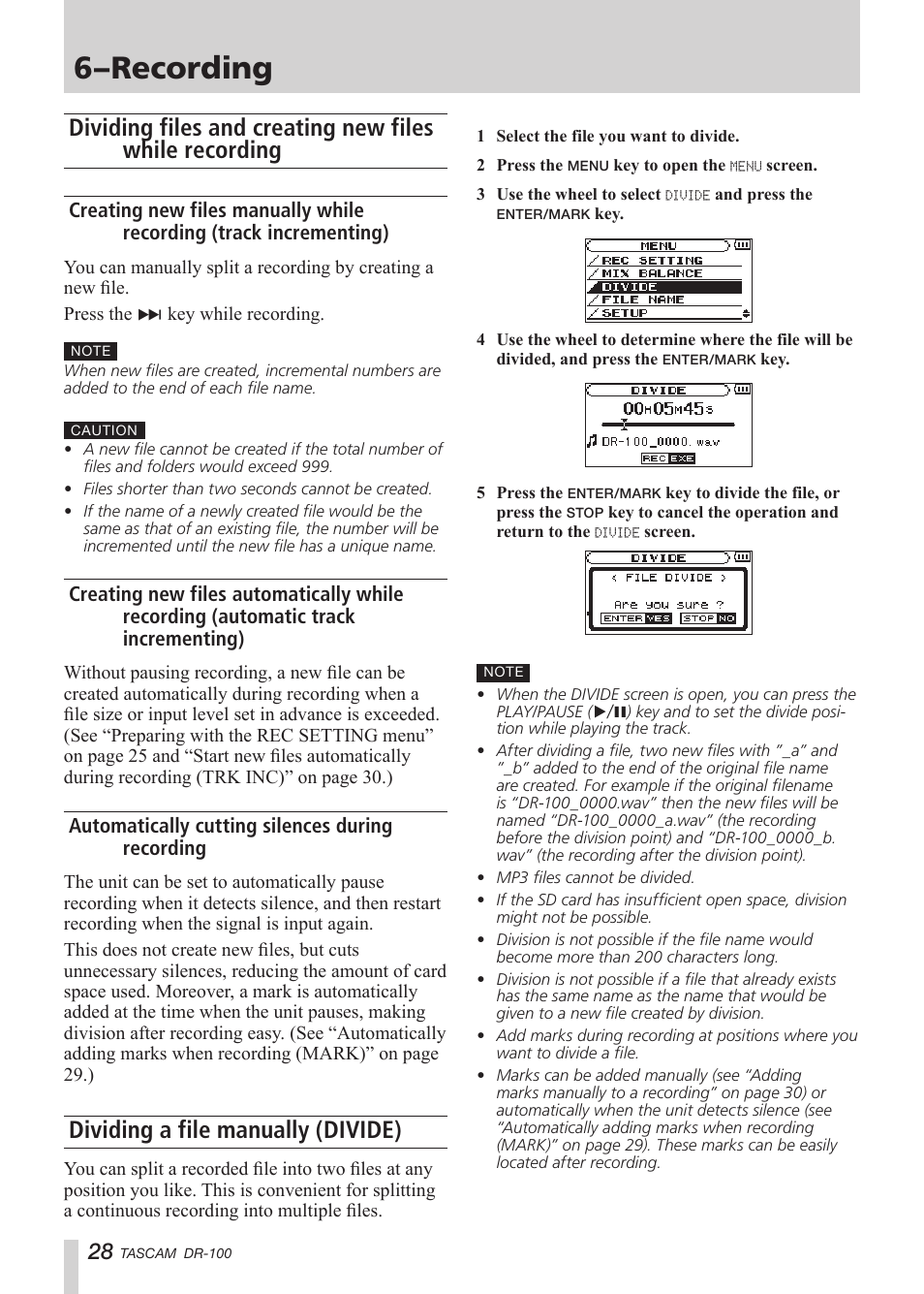 Dividing files and cutting silence from recordings, Creating new files manually while recording, Starting new files automatically while recording | Automatically cutting silences during recording, Dividing a recorded file manually (divide), Dividing files and creating new files while, Recording, Track incrementing), Ting new files automatically while recording, Automatic track incrementing) | Tascam DR-100 User Manual | Page 28 / 52