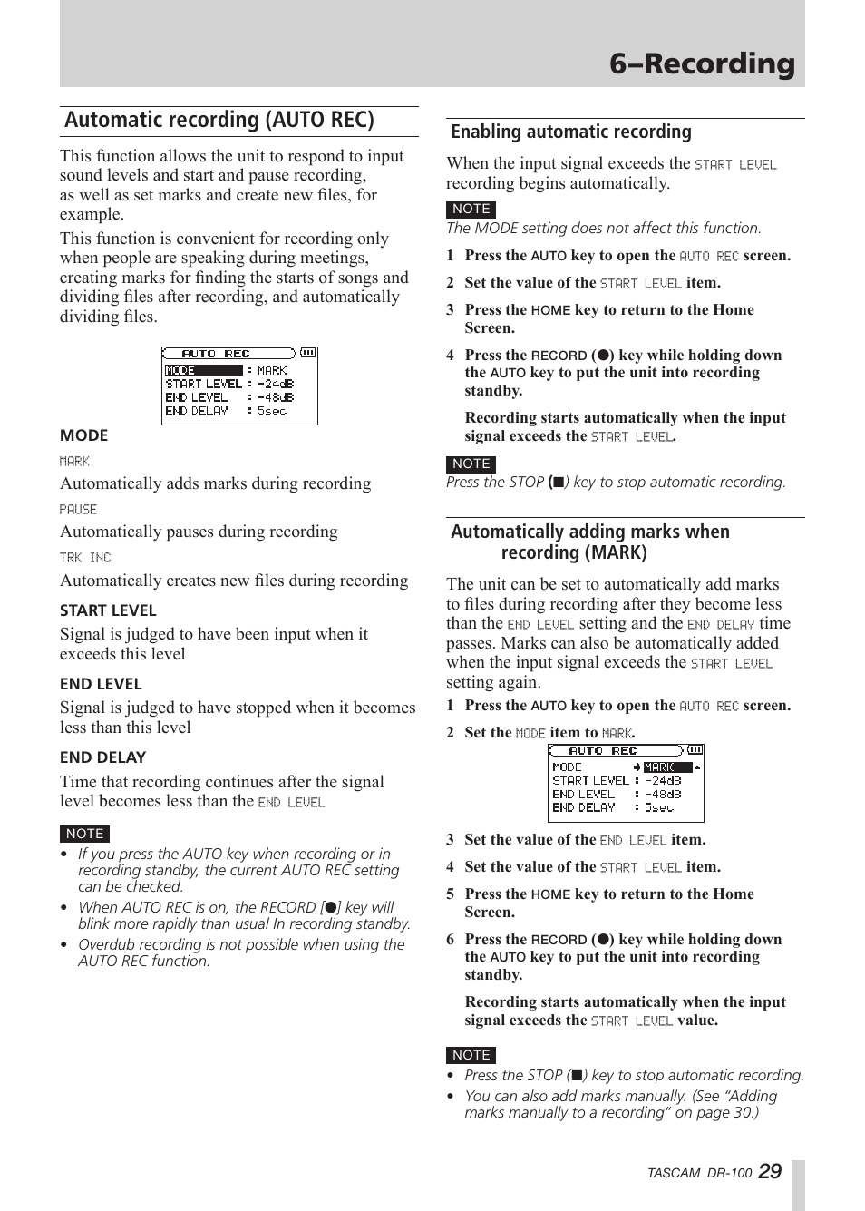 Automatic recording (auto rec), Enabling automatic recording, Automatically adding marks when recording (mark) | 6–recording | Tascam DR-100 User Manual | Page 29 / 52