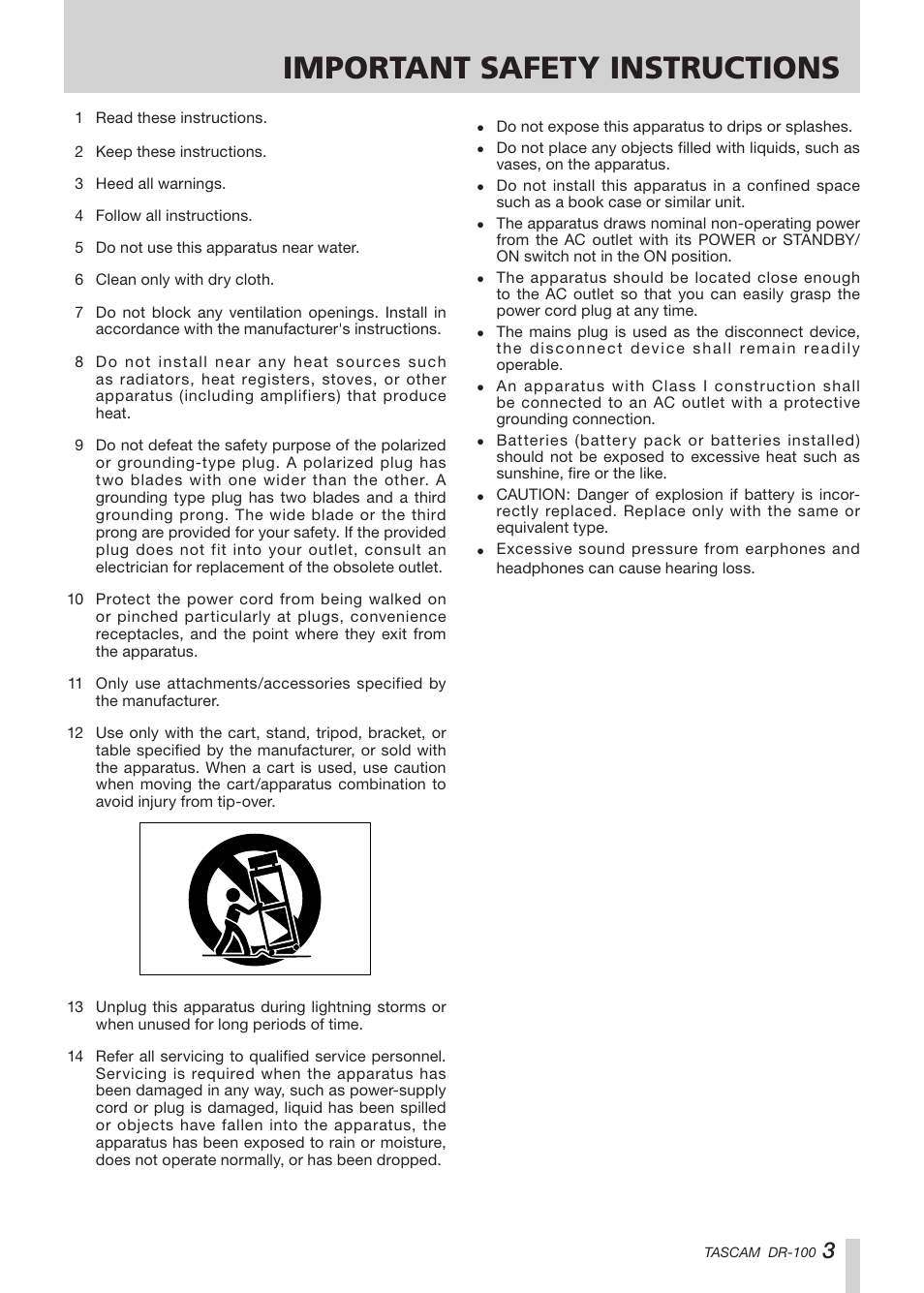 Important safety instructions | Tascam DR-100 User Manual | Page 3 / 52