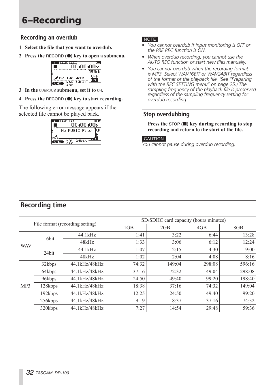 Recording an overdub, Stop overdubbing, Recording time | 6–recording | Tascam DR-100 User Manual | Page 32 / 52