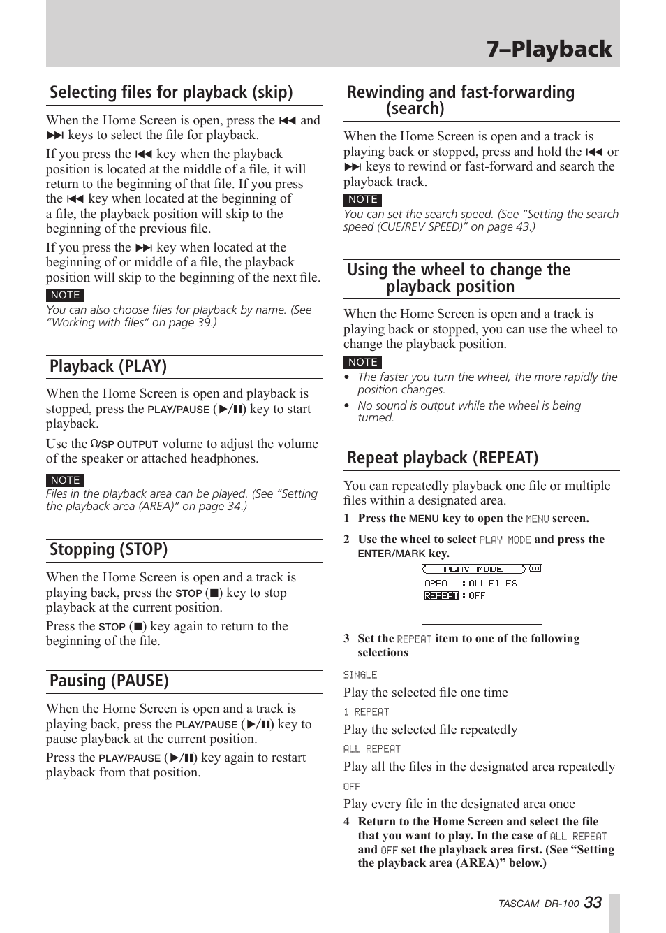 Playback, Selecting files for playback (skip), Playback (play) | Stopping (stop), Pausing (pause), Rewinding and fast-forwarding (search), Using the wheel to change the playback position, Repeat playback (repeat), 7–playback, See “playback | Tascam DR-100 User Manual | Page 33 / 52