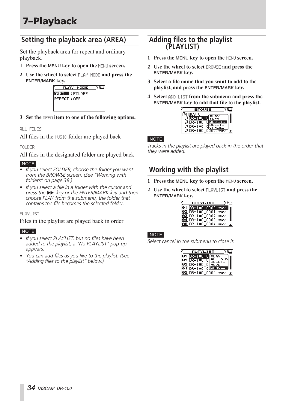 Setting the playback area (area), Adding files to the playlist (playlist), Working with the playlist | 7–playback | Tascam DR-100 User Manual | Page 34 / 52