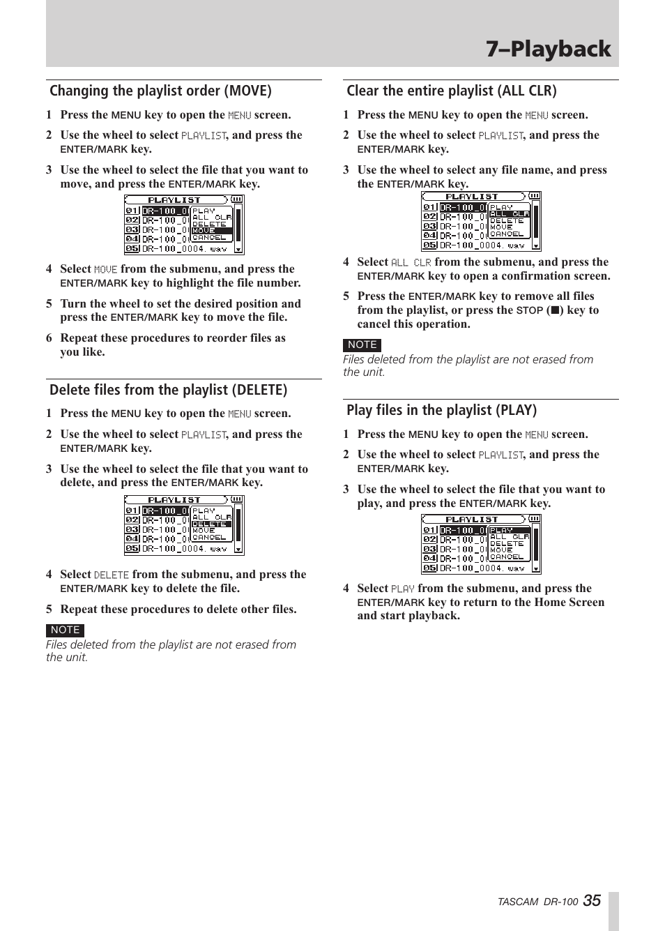 Changing the playlist order (move), Delete files from the playlist (delete), Clear the entire playlist (all clr) | Play files in the playlist (play), 7–playback | Tascam DR-100 User Manual | Page 35 / 52