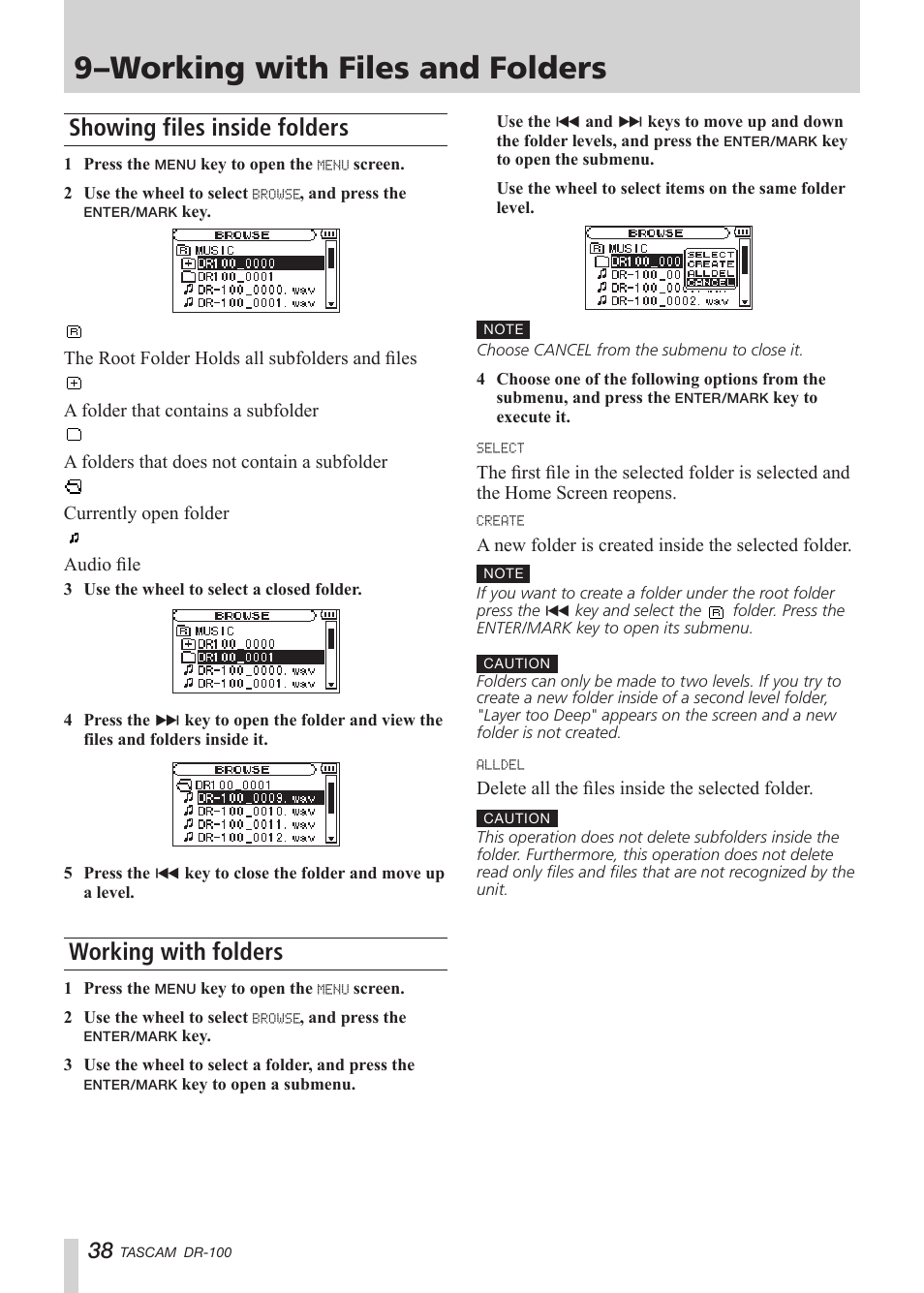 Working with files and folders, Showing files inside folders, Working with folders | 9–working with files and folders | Tascam DR-100 User Manual | Page 38 / 52