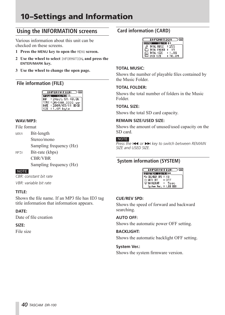 Settings and information, Using the information screens, File information (file) | Card information (card), System information (system), 10–settings and information, See “10–settings and | Tascam DR-100 User Manual | Page 40 / 52