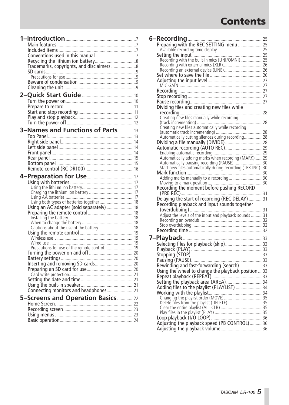 Tascam DR-100 User Manual | Page 5 / 52