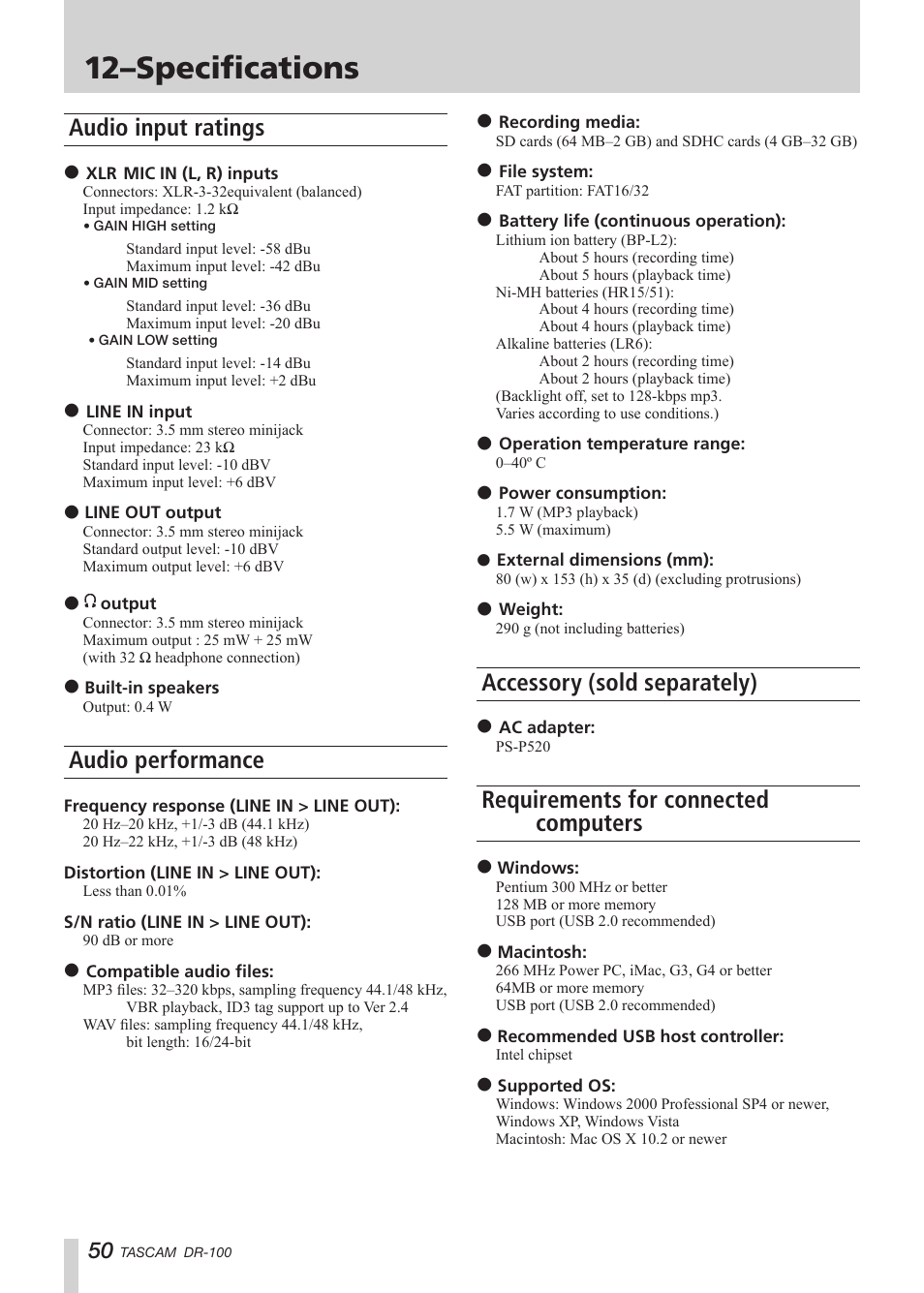 Specifications, Audio input ratings, Audio performance | Accessory (sold separately), Requirements for connected computers, 12–specifications | Tascam DR-100 User Manual | Page 50 / 52