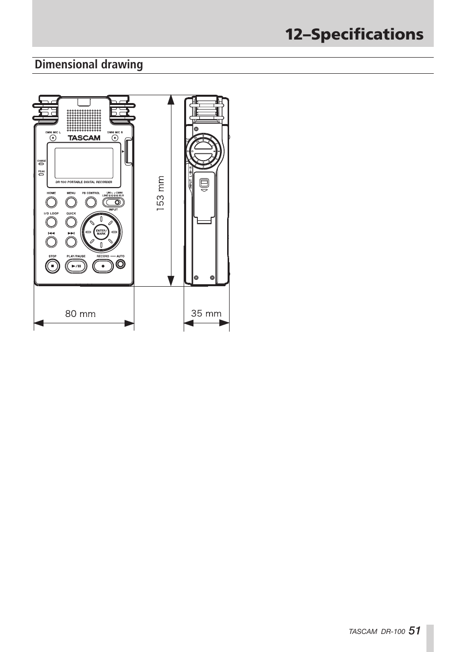 Dimensional drawing, 12–specifications | Tascam DR-100 User Manual | Page 51 / 52