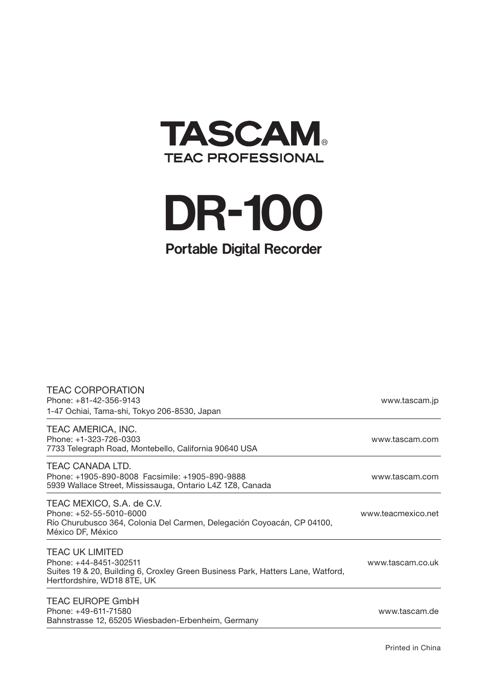 Dr-100, Portable digital recorder | Tascam DR-100 User Manual | Page 52 / 52