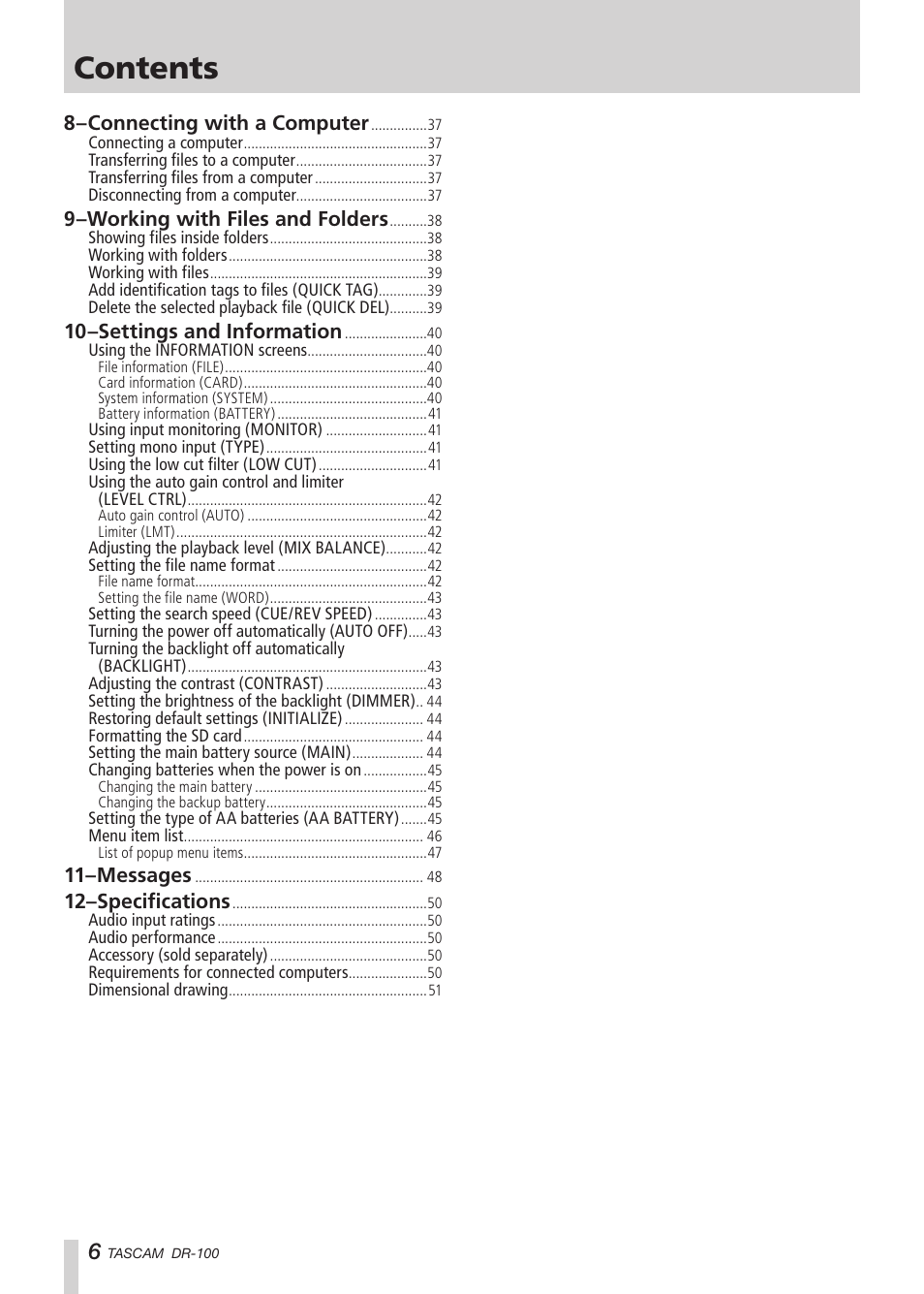 Tascam DR-100 User Manual | Page 6 / 52