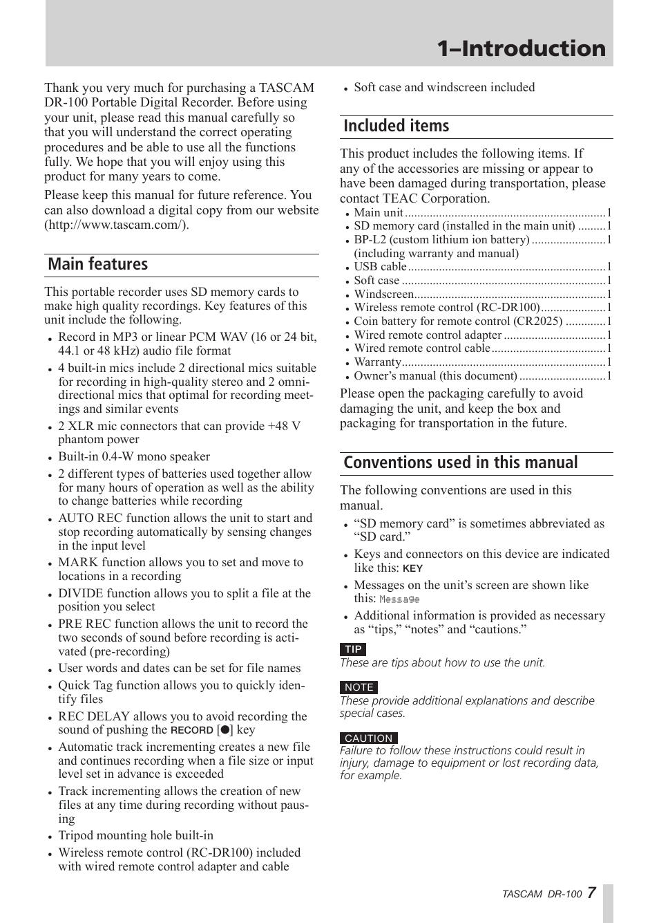 Introduction, Main features, Included items | Conventions used in this manual, 1–introduction | Tascam DR-100 User Manual | Page 7 / 52