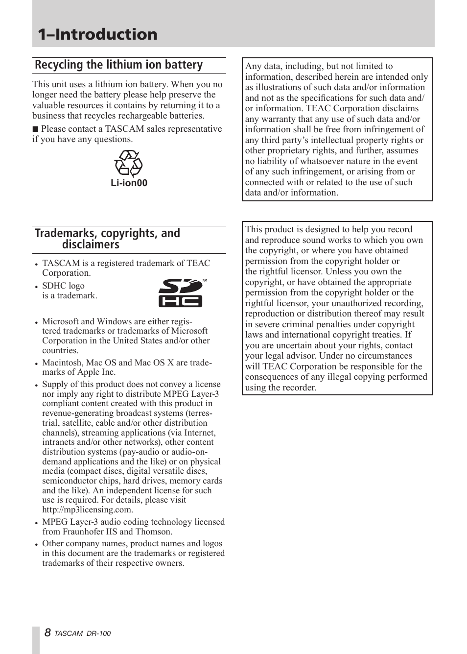 Recycling the lithium ion battery, Trademarks, copyrights, and disclaimers, 1–introduction | Tascam DR-100 User Manual | Page 8 / 52