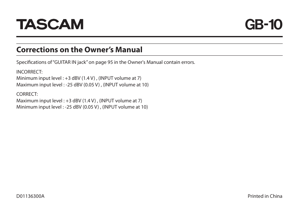 Tascam GB-10 User Manual | 1 page