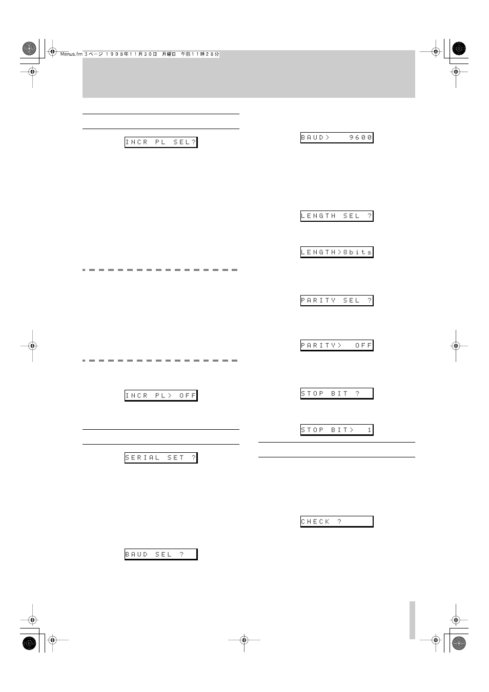 10 incremental play, 11 serial communications, 1 baud rate | 2 word length, 3 parity, 4 stop bits, 12 check items, 3 - incremental play, 11serial communications, 12check items | Tascam MD-801R/P Mk II User Manual | Page 23 / 52