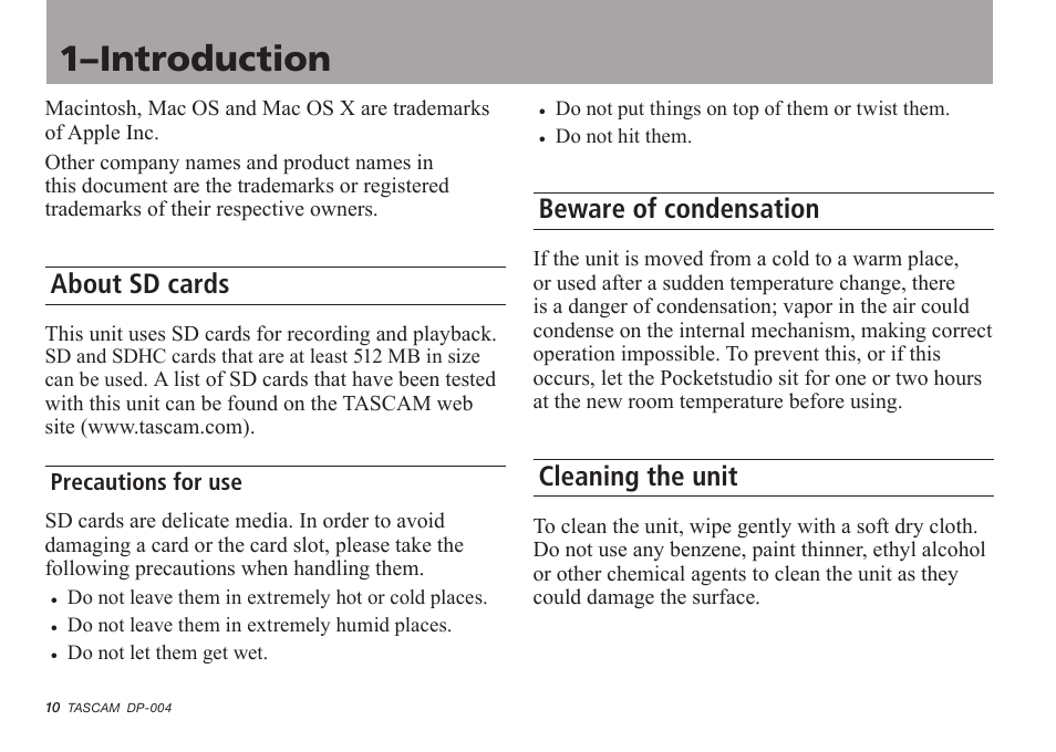 About sd cards, Precautions for use, Cleaning the unit | Beware of condensation, 1–introduction | Tascam DP-004 User Manual | Page 10 / 112