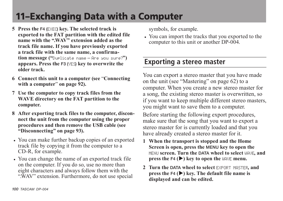 Exporting a stereo master, See “exporting a stereo, 11–exchanging data with a computer | Tascam DP-004 User Manual | Page 100 / 112