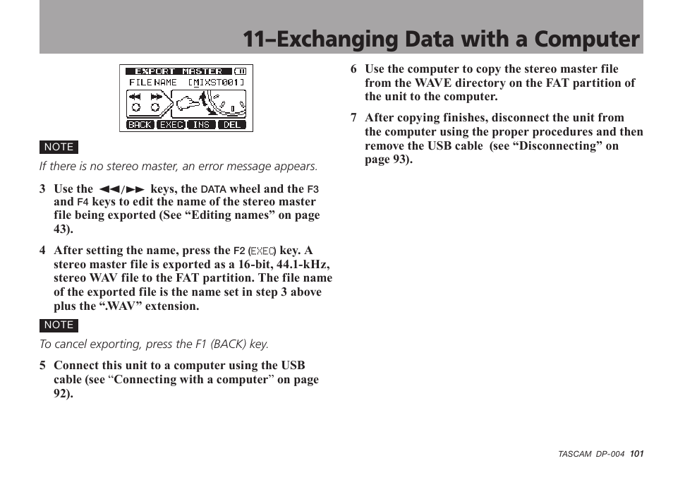 11–exchanging data with a computer | Tascam DP-004 User Manual | Page 101 / 112