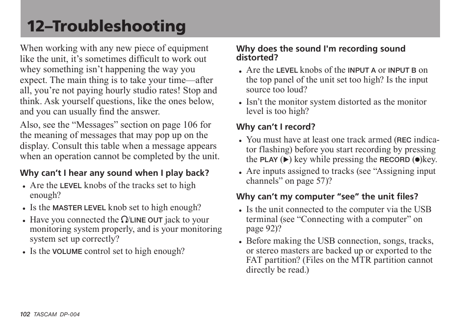 Troubleshooting, 12–troubleshooting | Tascam DP-004 User Manual | Page 102 / 112