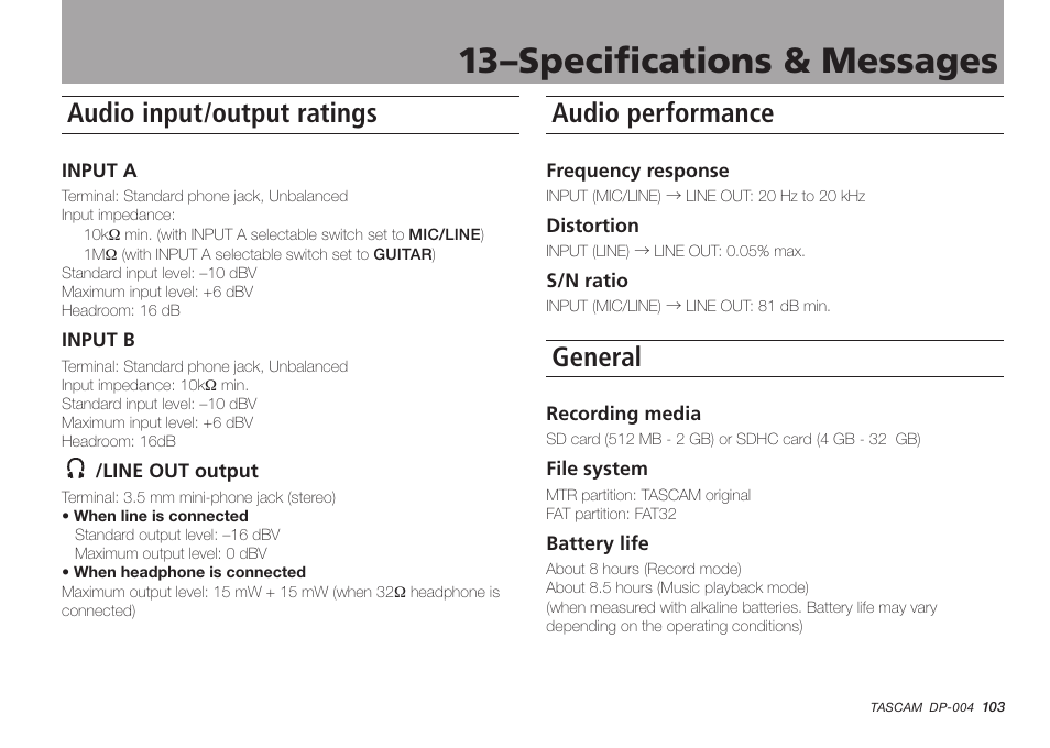 Specifications and messages, Audio input/output ratings, Audio performance | General, 13–specifications & messages | Tascam DP-004 User Manual | Page 103 / 112