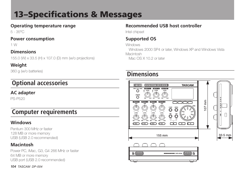 Optional accessories, Computer requirements, Dimensions | 13–specifications & messages | Tascam DP-004 User Manual | Page 104 / 112