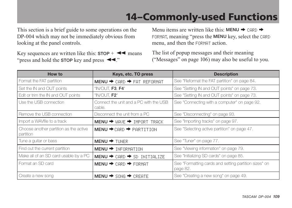 Commonly-used functions, 14–commonly-used functions | Tascam DP-004 User Manual | Page 109 / 112