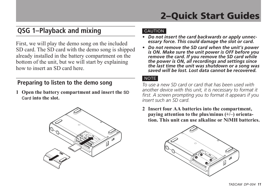 Quick start guides, Qsg 1-playback and mixing, Preparing to listen to the demo song | 2–quick start guides, Qsg 1–playback and mixing | Tascam DP-004 User Manual | Page 11 / 112