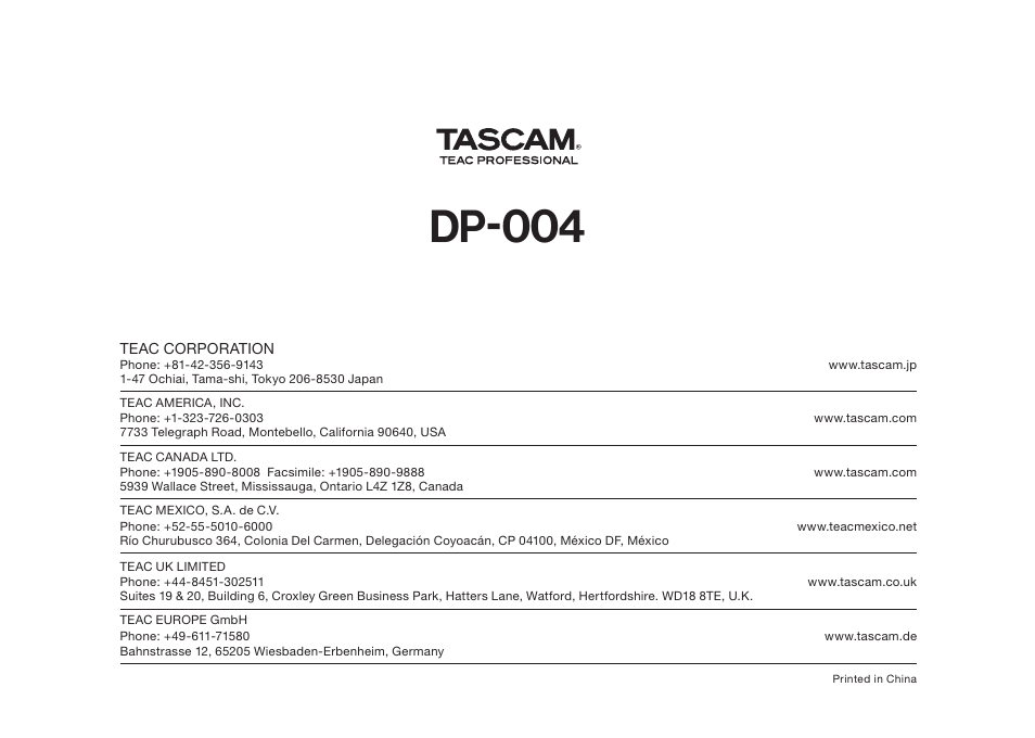 Dp-004 | Tascam DP-004 User Manual | Page 112 / 112