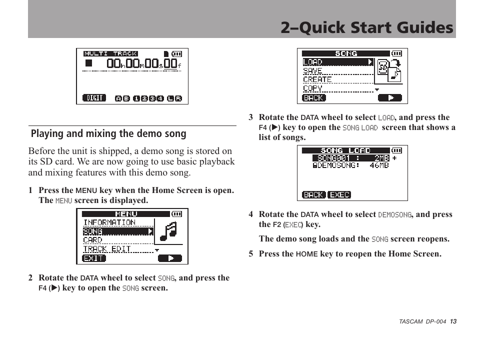 Playing and mixing the demo song, 2–quick start guides | Tascam DP-004 User Manual | Page 13 / 112