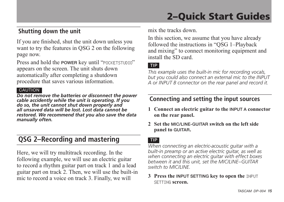 Qsg 2-recording and mastering, Connecting and setting the input sources, Shutting down the unit | Qsg 2–recording and mastering, 2–quick start guides | Tascam DP-004 User Manual | Page 15 / 112