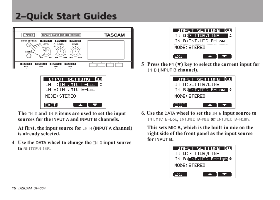 2–quick start guides | Tascam DP-004 User Manual | Page 16 / 112