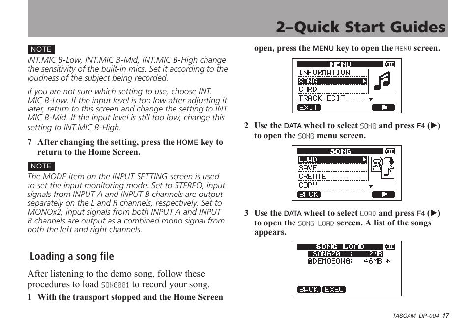 Loading a song file, 2–quick start guides | Tascam DP-004 User Manual | Page 17 / 112