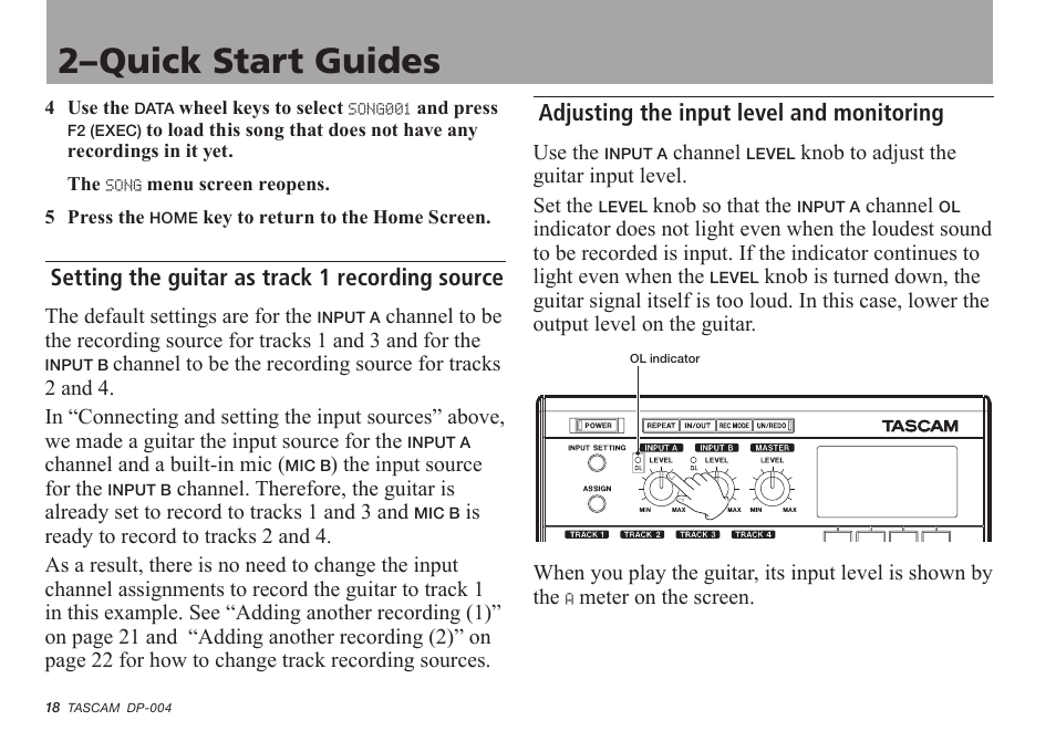 Setting the guitar as track 1 recording source, Adjusting the input level and monitoring, 2–quick start guides | Tascam DP-004 User Manual | Page 18 / 112