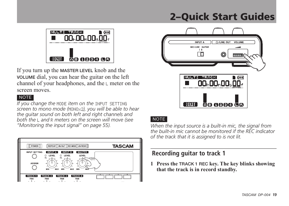 Recording guitar to track 1, 2–quick start guides | Tascam DP-004 User Manual | Page 19 / 112